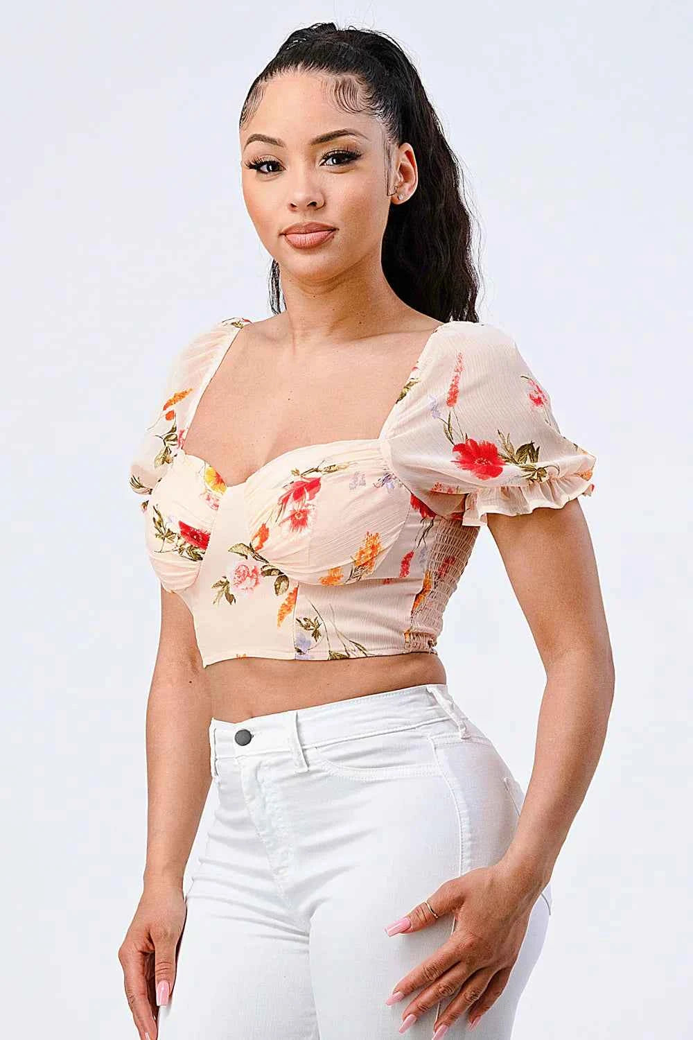 FLORAL CHIFFON SMOCKED SWEETHEART TOP