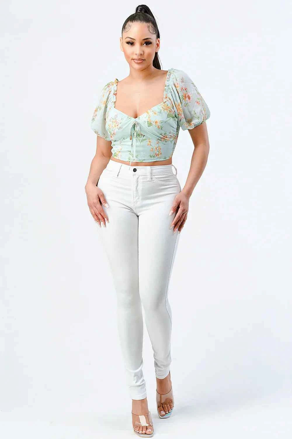 FLORAL CHIFFON SMOCKED SWEETHEART TOP