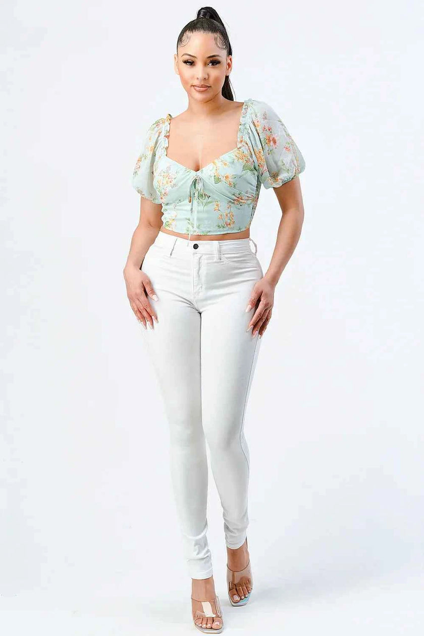 FLORAL CHIFFON SMOCKED SWEETHEART TOP