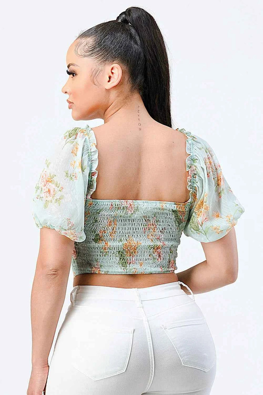 FLORAL CHIFFON SMOCKED SWEETHEART TOP