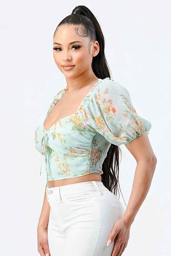 FLORAL CHIFFON SMOCKED SWEETHEART TOP