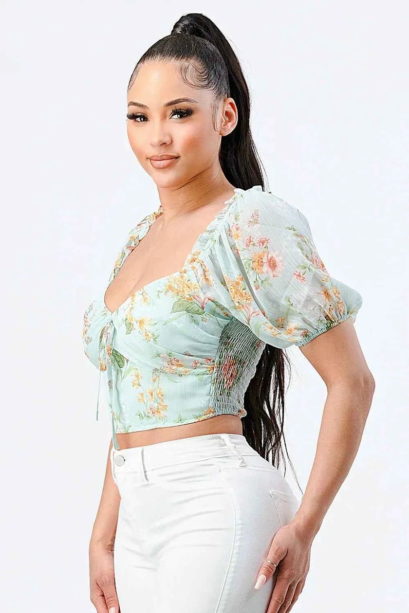 FLORAL CHIFFON SMOCKED SWEETHEART TOP