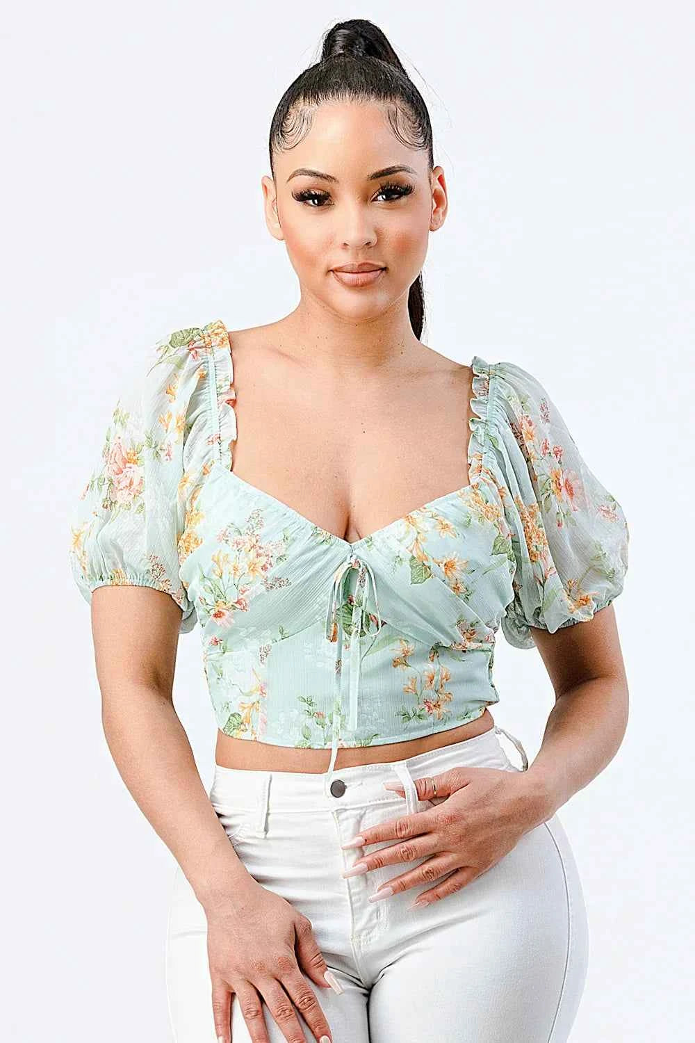 FLORAL CHIFFON SMOCKED SWEETHEART TOP