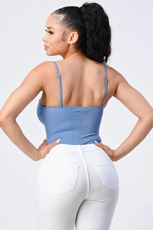 Scuba Ring-Pull Zip-Front Cami Bodysuit – Chambray Blue