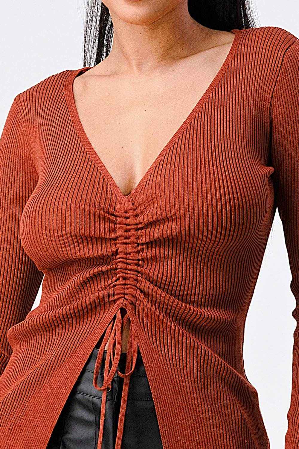 SWEATER KNIT RUCHED LONG SLEEVES TOP