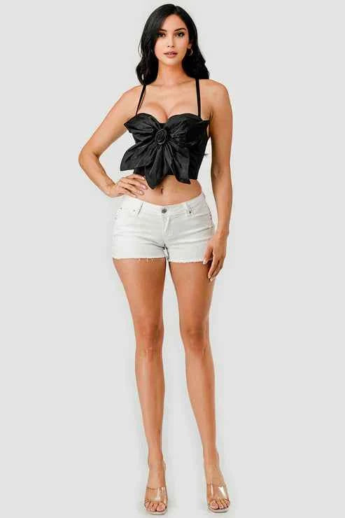 BUTTERFLY BOW FLORAL TRIM KNOT BUSTIER CROP TOP