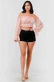 Off Shoulder Ruffle Trim Knot Sleeve Crop Top