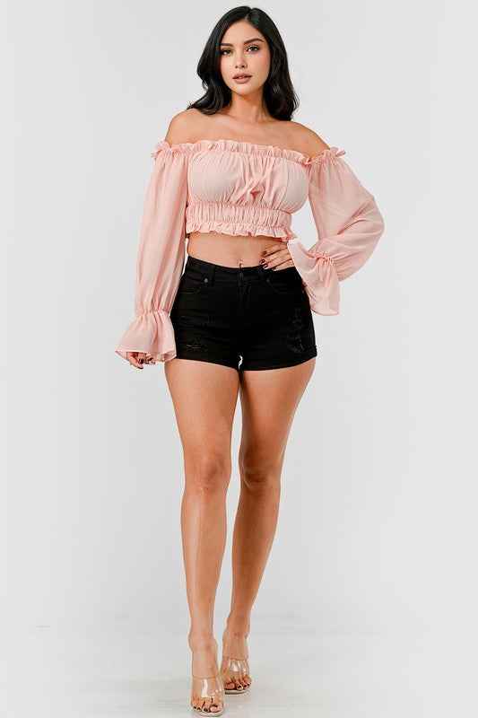 Off Shoulder Ruffle Trim Knot Sleeve Crop Top