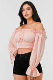 Off Shoulder Ruffle Trim Knot Sleeve Crop Top