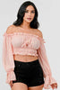Off Shoulder Ruffle Trim Knot Sleeve Crop Top
