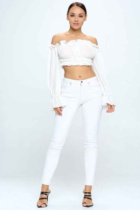 Off Shoulder Ruffle Trim Knot Sleeve Crop Top