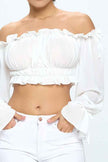 Off Shoulder Ruffle Trim Knot Sleeve Crop Top