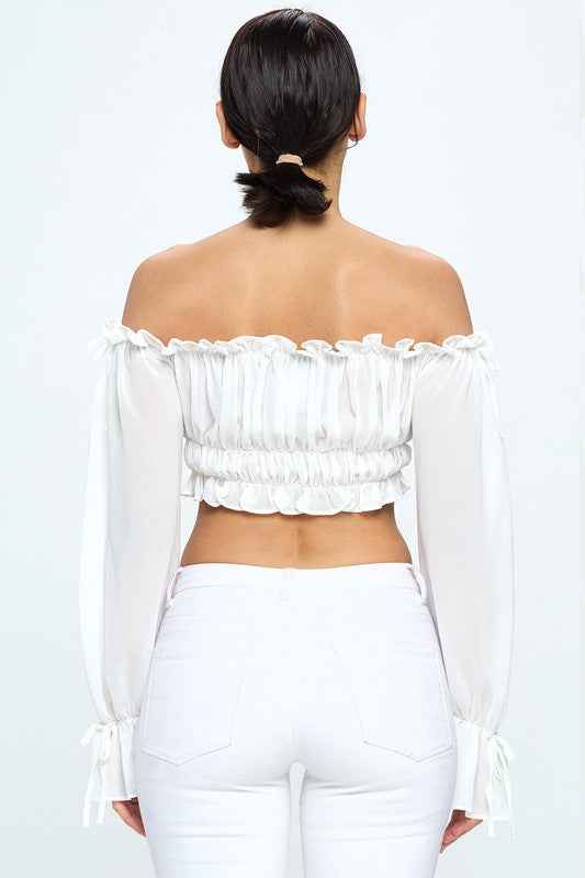 Off Shoulder Ruffle Trim Knot Sleeve Crop Top
