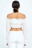 Off Shoulder Ruffle Trim Knot Sleeve Crop Top
