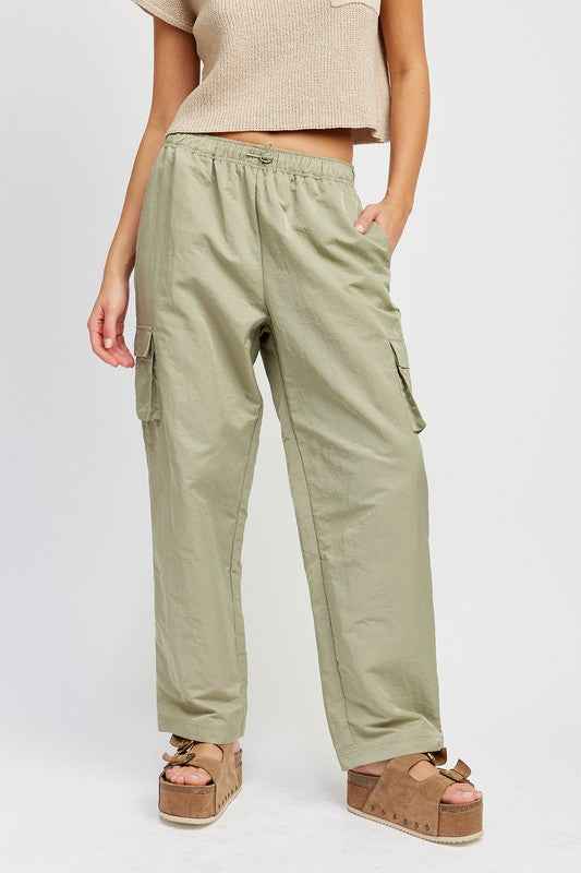 Emory Park straight leg pants with elastic waistband in olive green with side cargo pockets