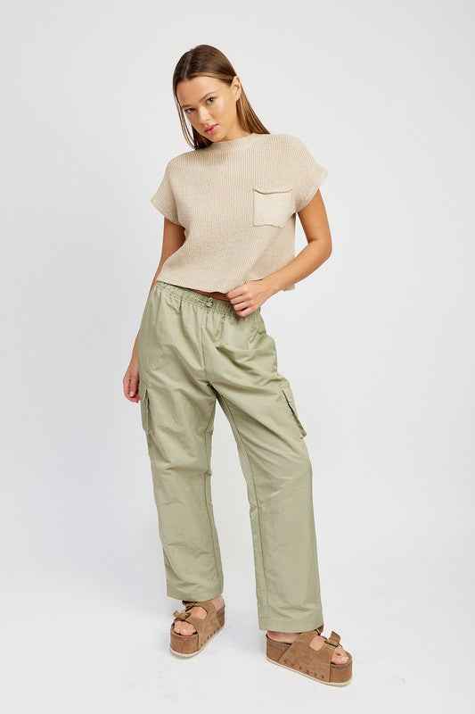 Emory Park straight leg pants with elastic waistband in light green with side pockets for a casual look