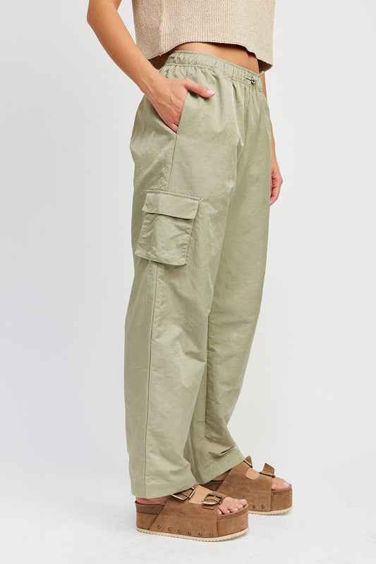 Emory Park straight leg pants with elastic waistband in light green with side pockets for comfort