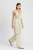 Emory Park women's cargo jumpsuit in light beige with a stylish halter neck design