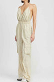 Emory Park women's cargo jumpsuit in beige with a plunging neckline and elastic waist for a stylish look