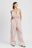 Emory Park women's cargo jumpsuit in light pink with a halter neckline and side pockets