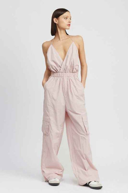 Emory Park women's cargo jumpsuit in light pink with a halter neckline and side pockets