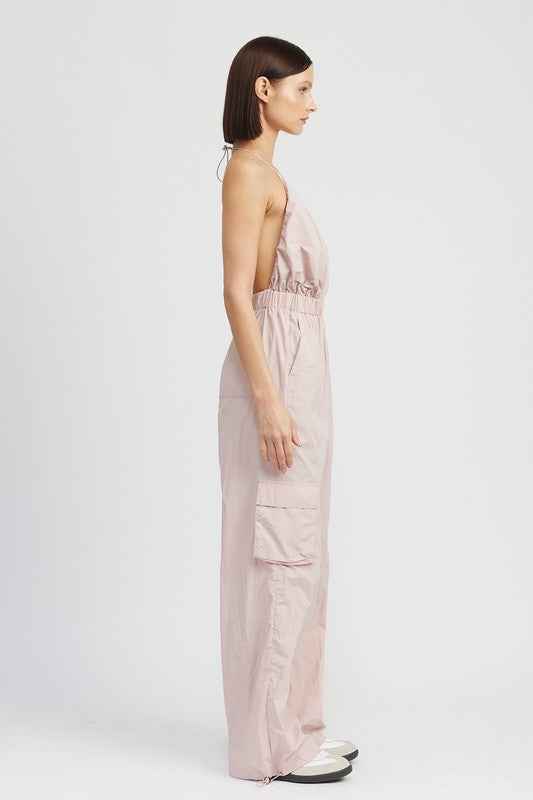 Emory Park women's cargo jumpsuit in light pink with a relaxed fit and side pockets