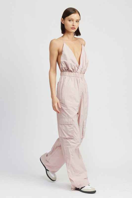 Emory Park women's cargo jumpsuit in pink with a halter neckline and relaxed fit for stylish comfort