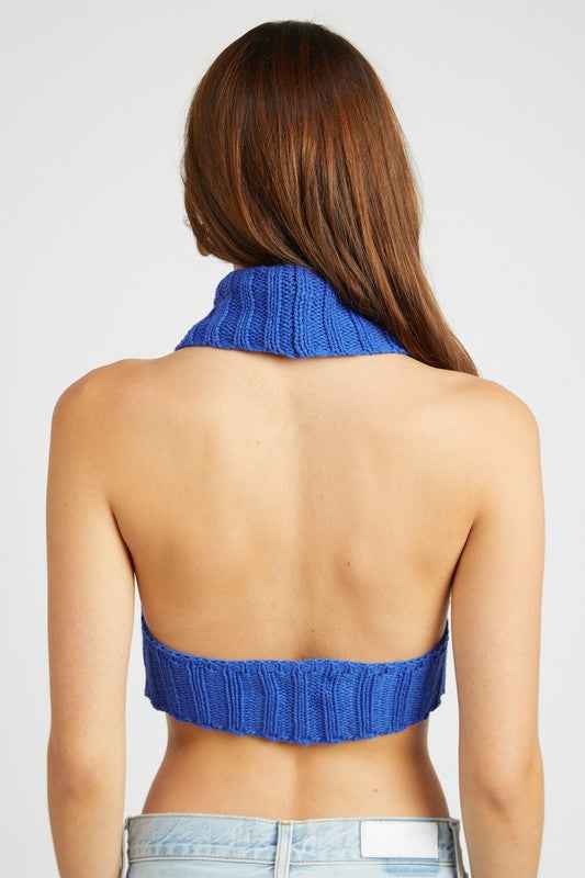 Back view of Emory Park women's knit halter top in blue, showcasing open design and ribbed details