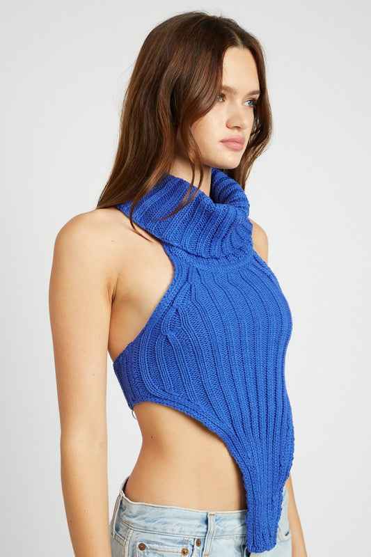 Emory Park women's knit halter top in vibrant blue with a stylish cowl neckline and unique cutout design