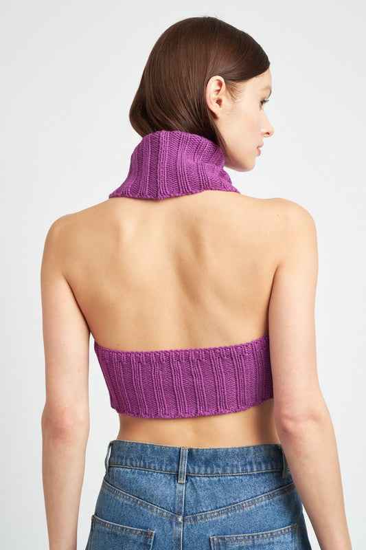 Back view of Emory Park women's knit halter top in purple with ribbed texture and cropped design