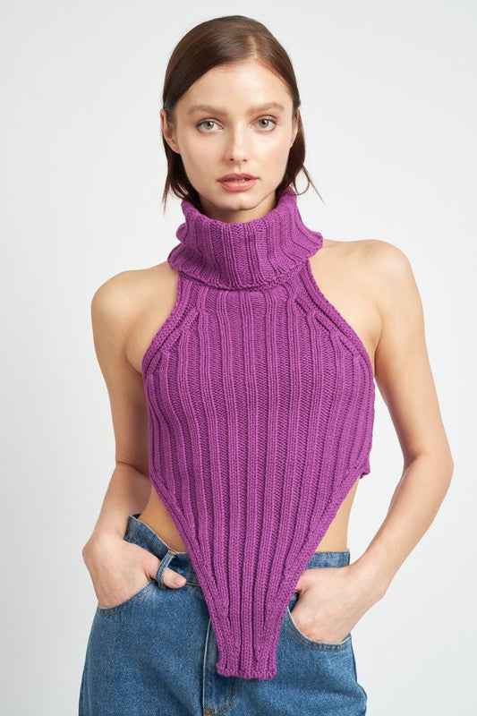 Emory Park women's knit halter top in purple with a trendy ribbed design and high neck style