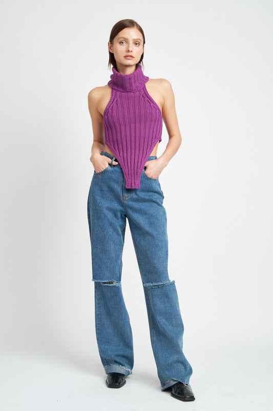 Emory Park women's knit halter top in purple paired with stylish jeans for a trendy look