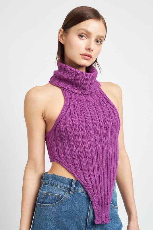 Emory Park women's knit halter top in vibrant purple with a unique ribbed design and high neckline