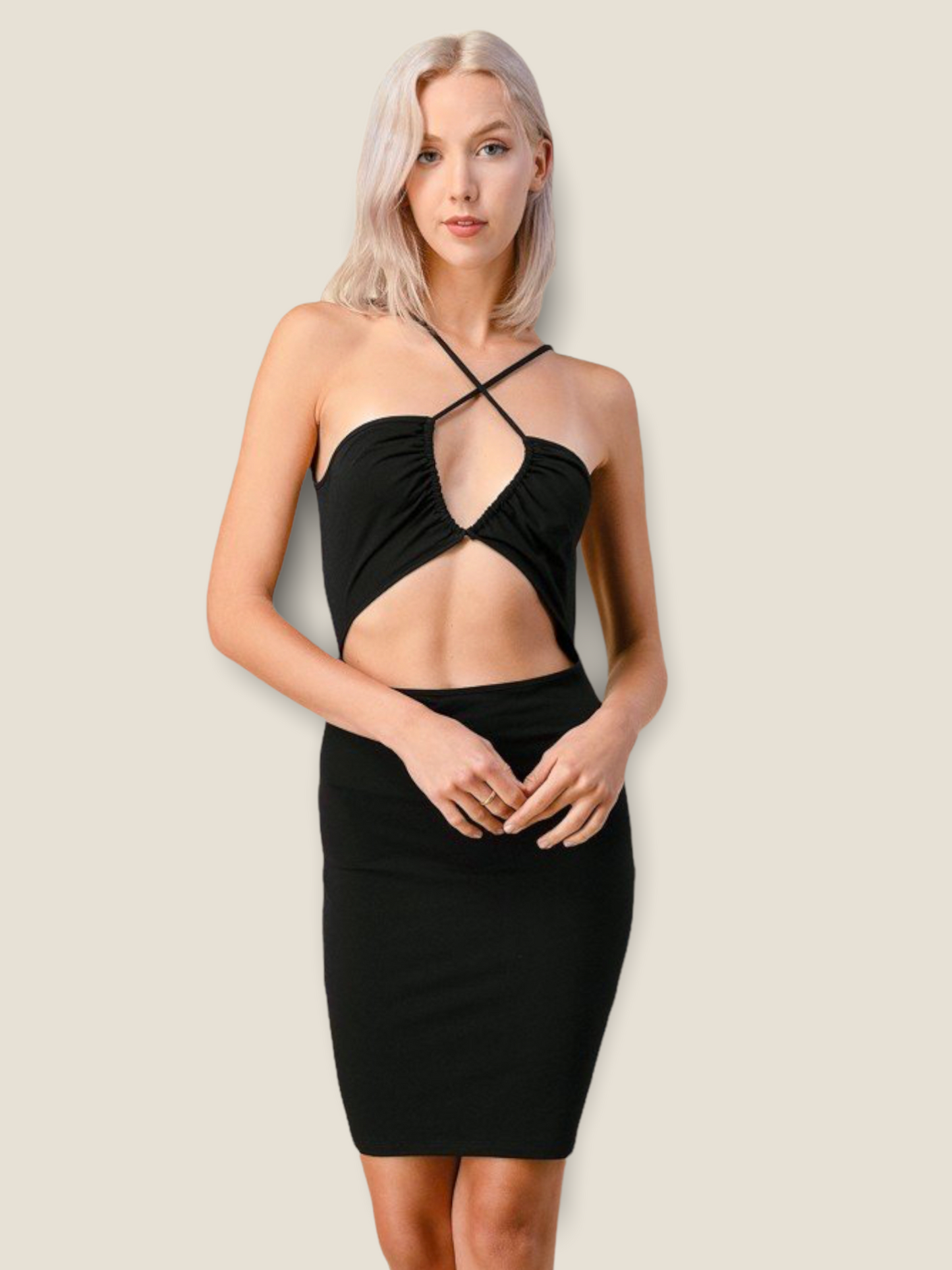 Stylish black cutout bodycon dress by Pikemla with a trendy cross-back design