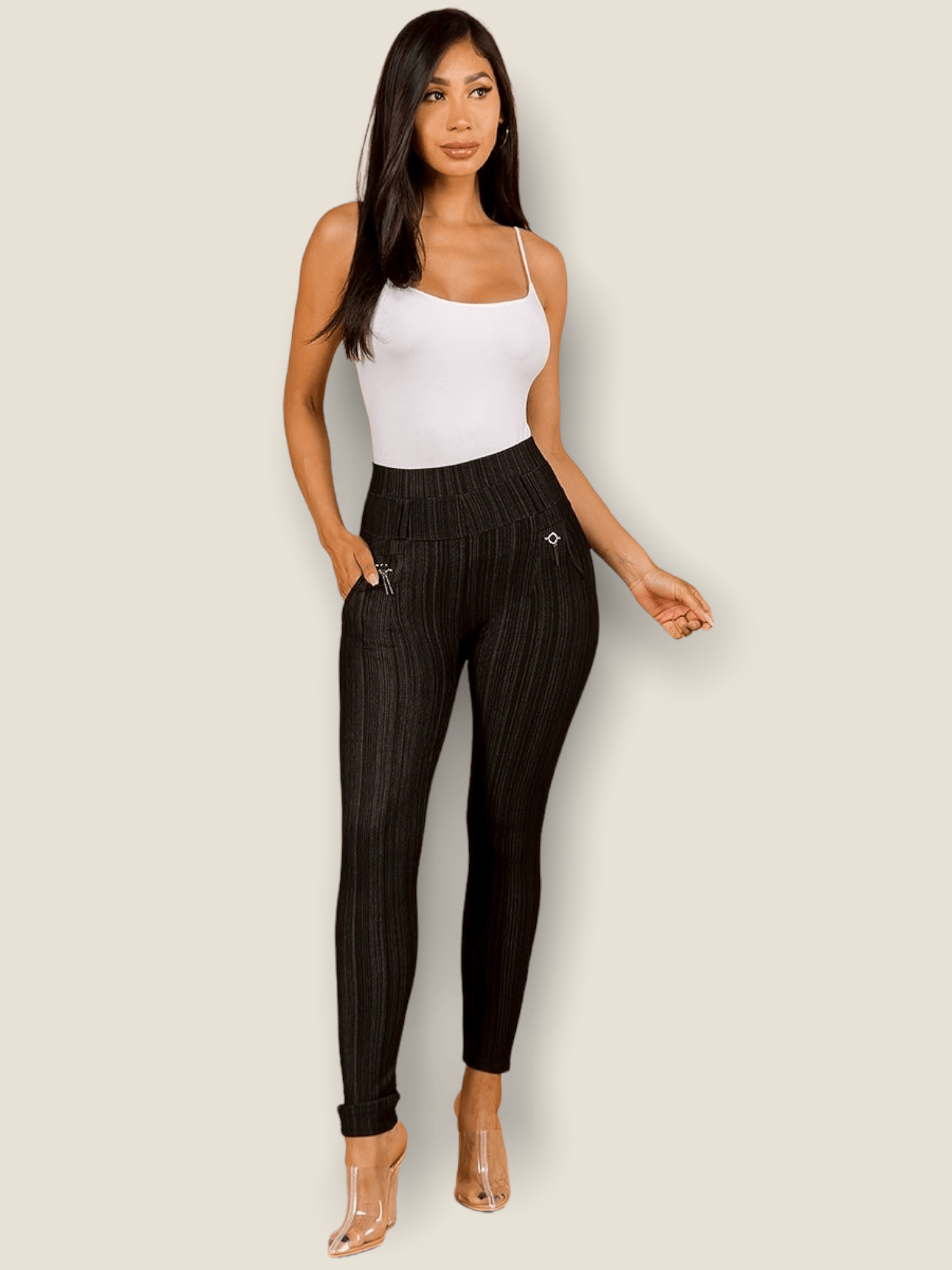 Pikemla black striped jeggings for women with a high waistband and side pockets