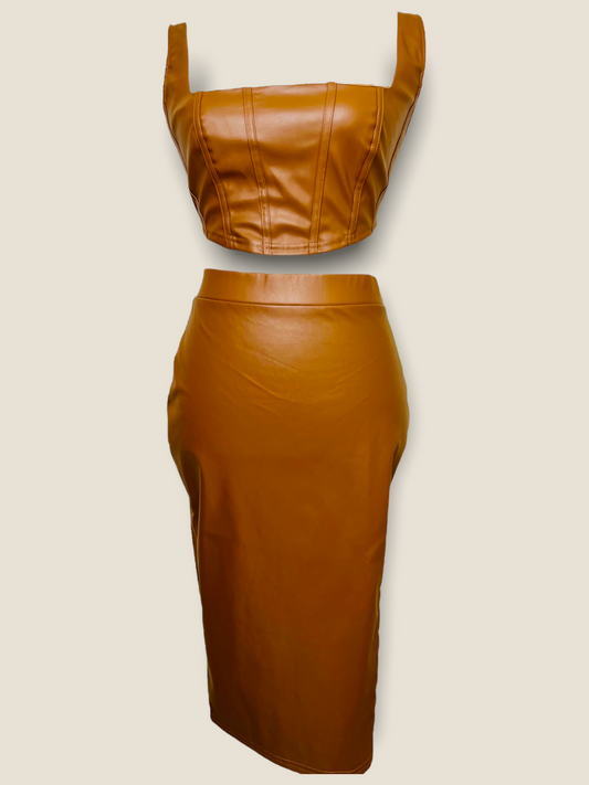 Pikemla camel midi skirt set featuring a stylish crop top and figure-hugging skirt