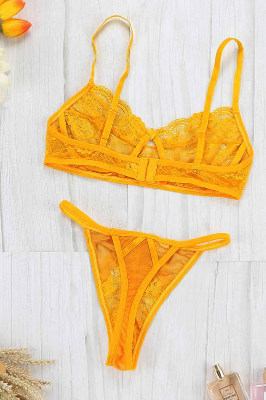 Pikemla canary yellow lace lingerie set featuring delicate lace and adjustable straps