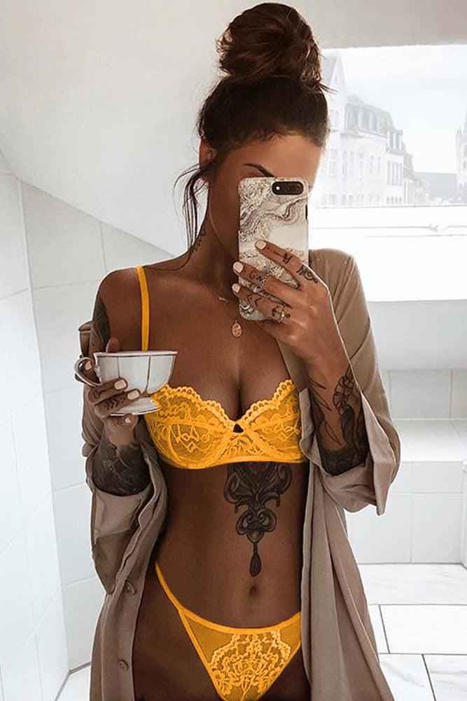 Canary yellow lace lingerie set by Pikemla featuring delicate details and a stylish design