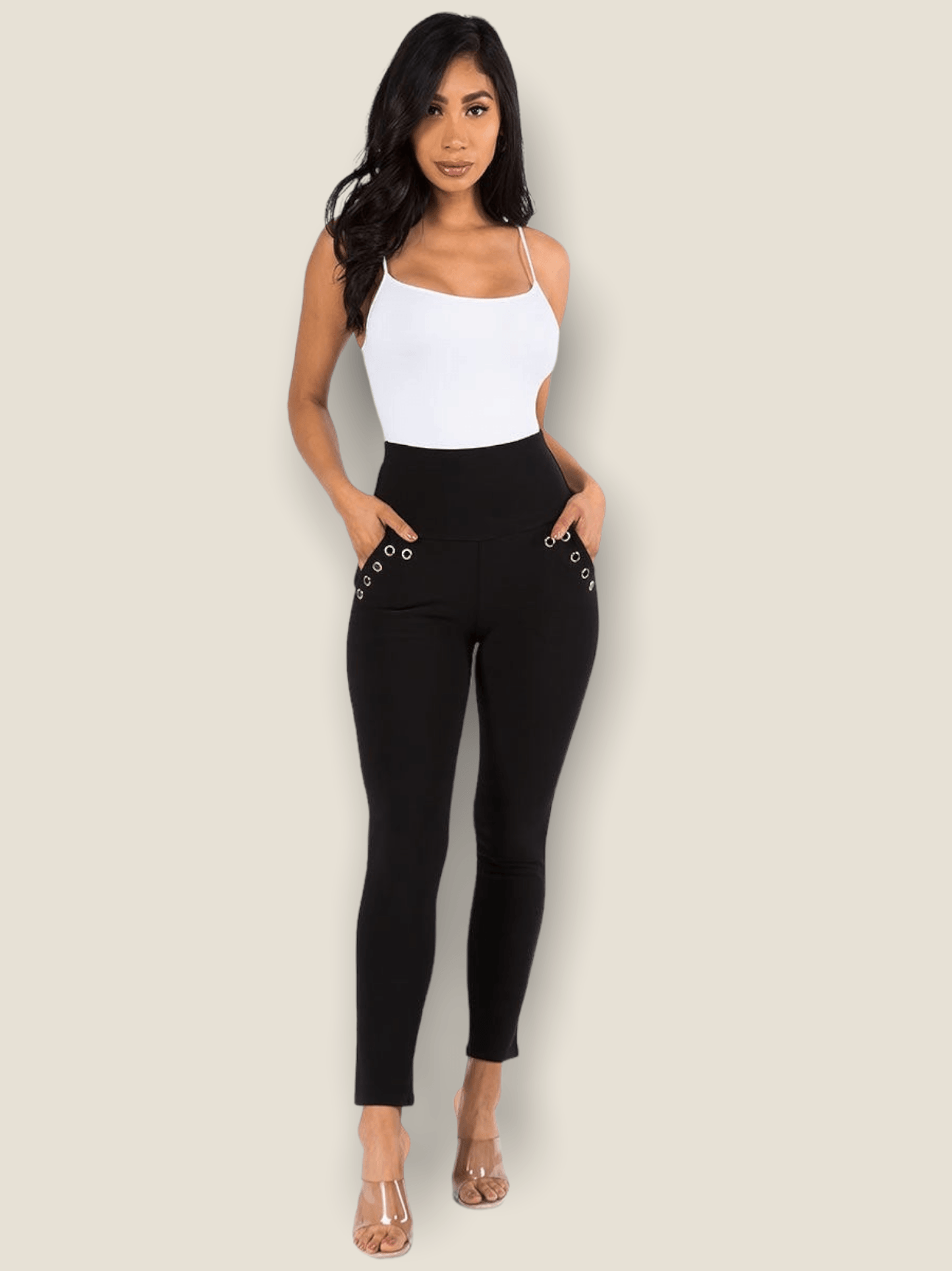Pikemla eyelet high waisted jeggings in black featuring side pockets and stylish eyelet details