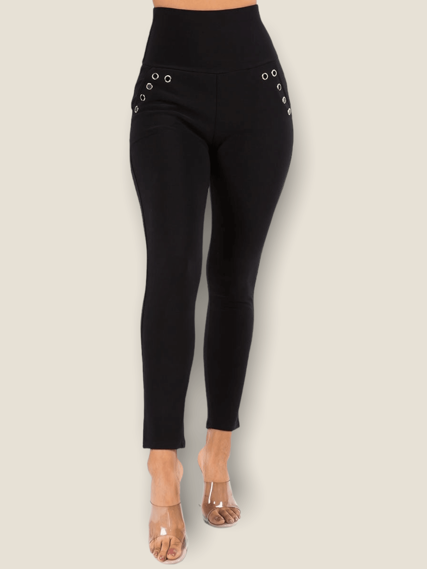 Pikemla eyelet high waisted jeggings in black with stylish eyelet details on the sides