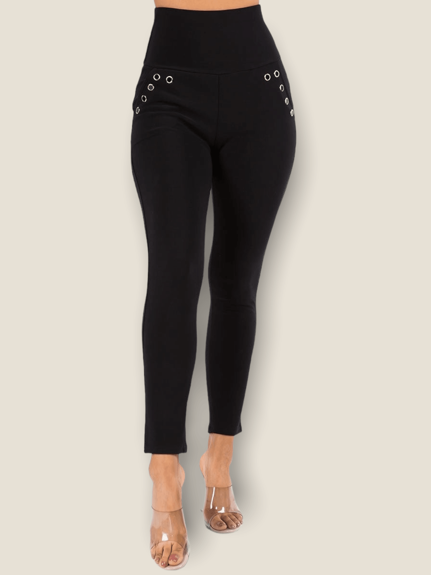 Pikemla eyelet high waisted jeggings in black with stylish eyelet details on the sides