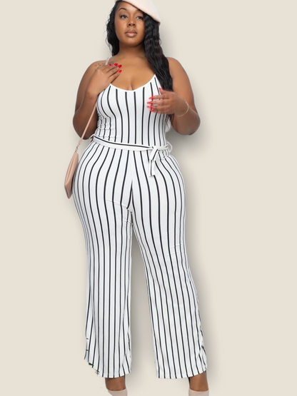 White Striped Julia Belted Jumpsuit -Plus Sized - Pikemla