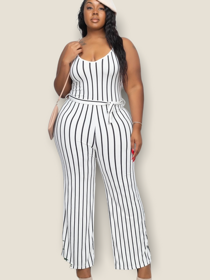 White Striped Julia Belted Jumpsuit -Plus Sized - Pikemla