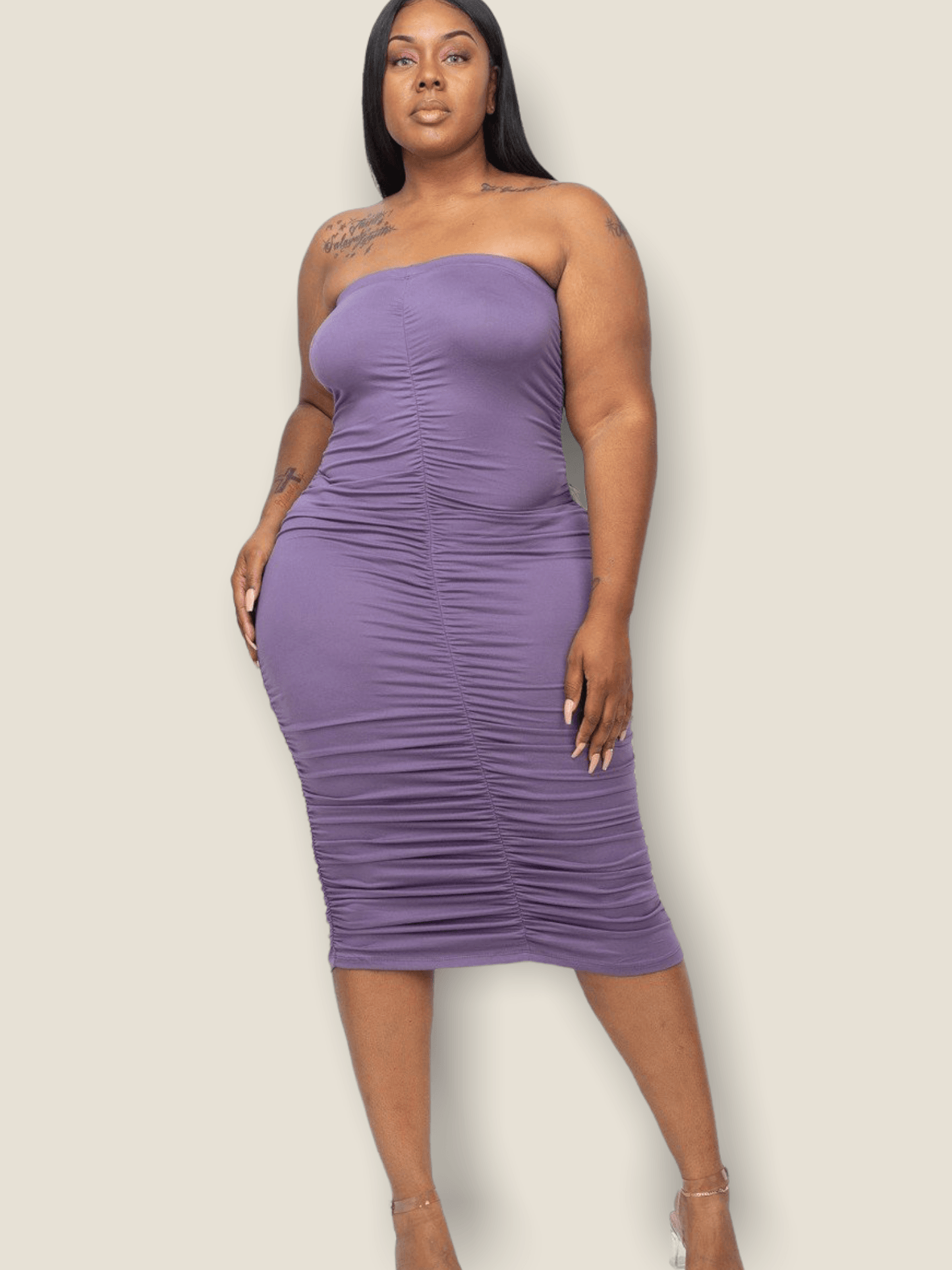 Mimi Ruched Midi Dress - Purple