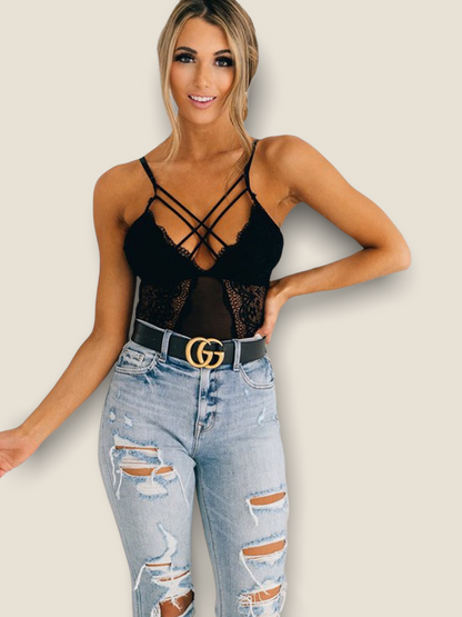 Lace Trimmed Bodysuit - Black - Pikemla