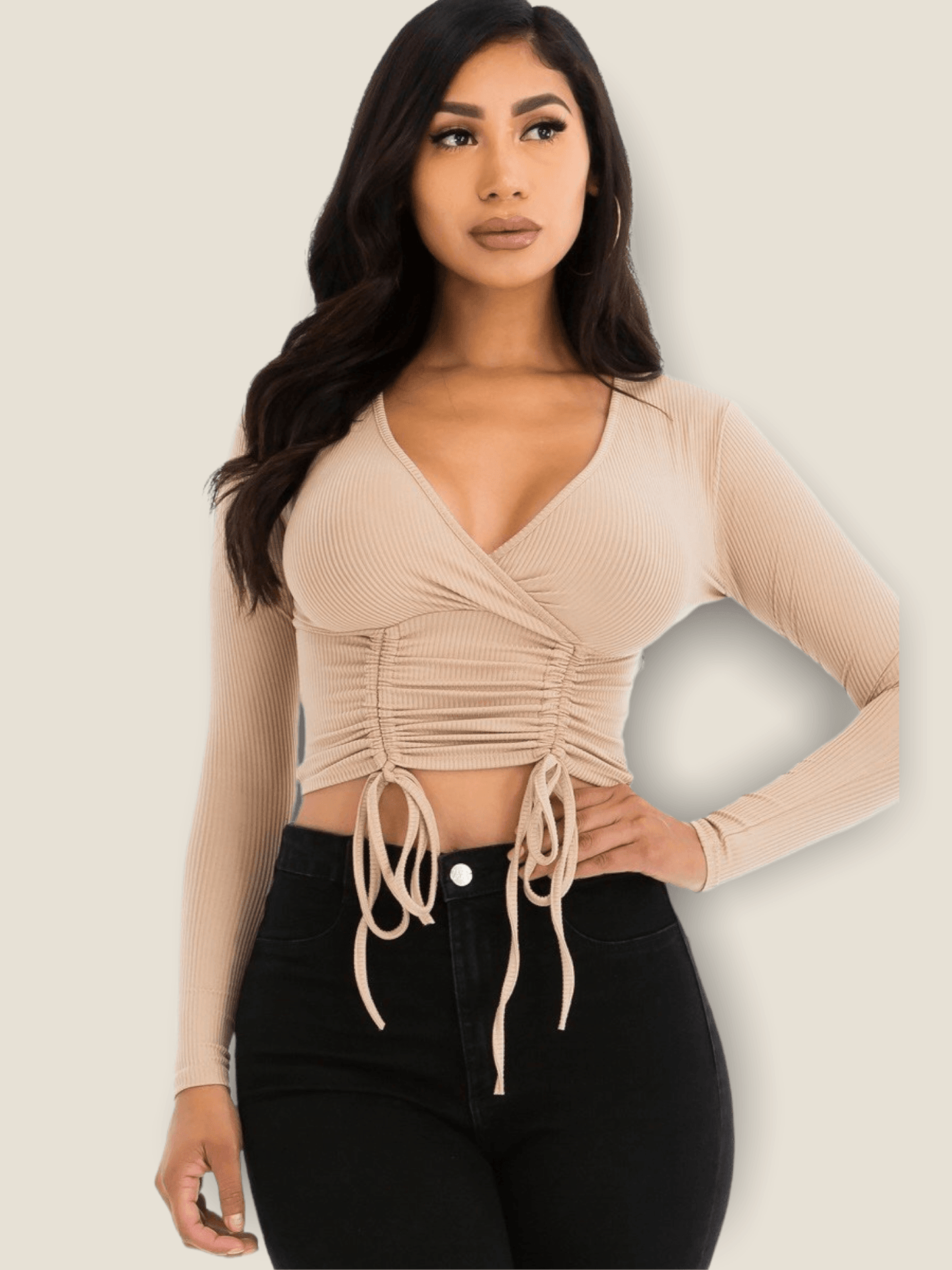 Latte ruched long sleeve top from Pikemla, featuring a stylish cropped design and adjustable ties