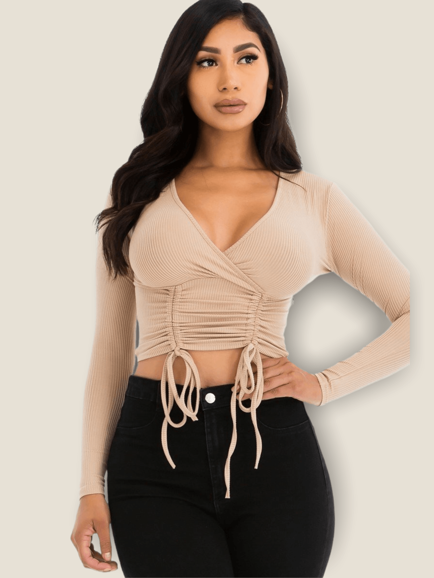 Latte ruched long sleeve top from Pikemla, featuring a stylish cropped design and adjustable ties
