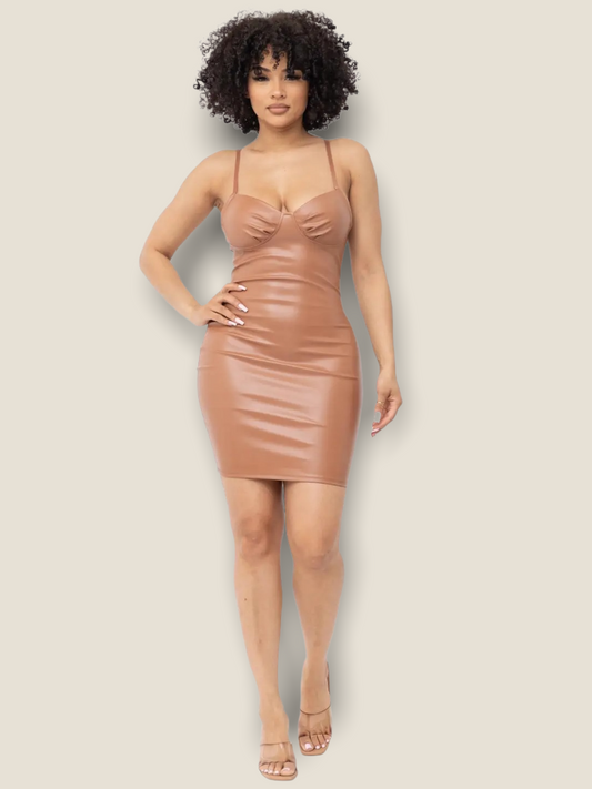 Pikemla mocha faux leather bodycon dress with adjustable straps and flattering silhouette