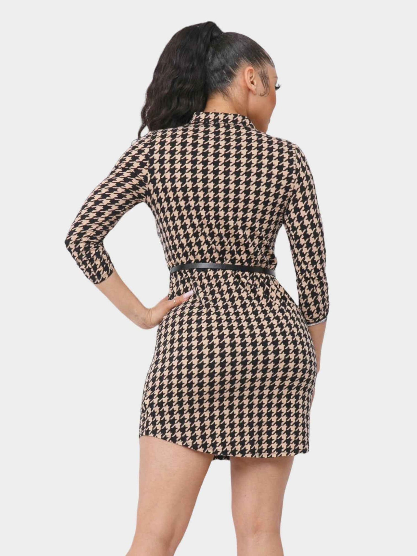 Olivia belted shirt dress with a stylish houndstooth pattern, perfect for chic casual wear