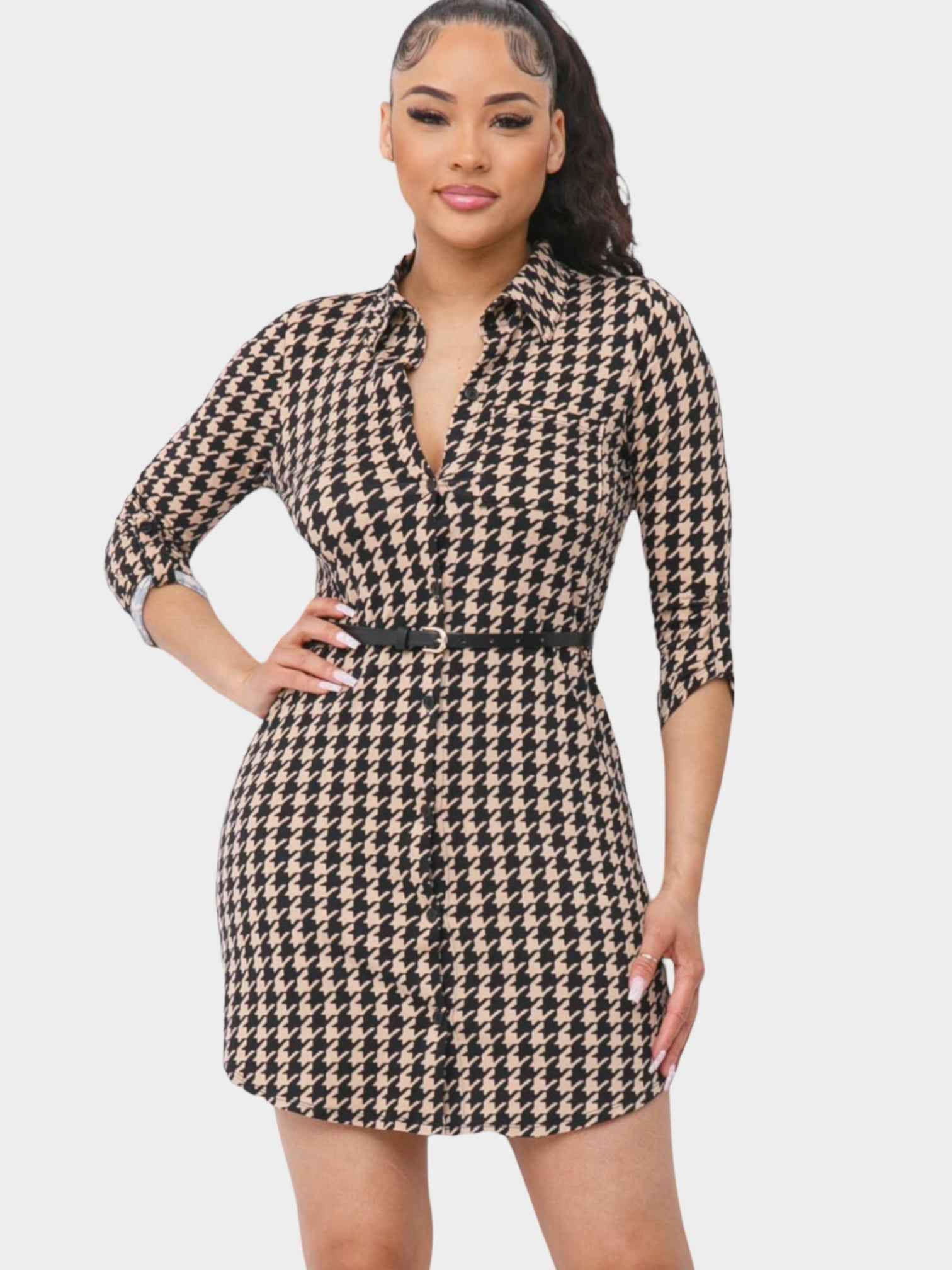 Olivia belted shirt dress in houndstooth pattern featuring a button-up front and stylish collar